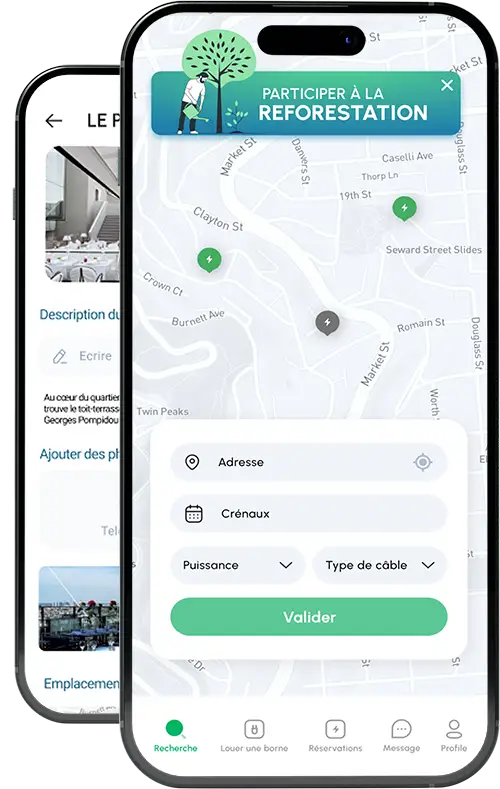 Interface mobile de Strel affichant la réservation d’une borne de recharge électrique sur une carte, avec champs de saisie pour l’adresse, les créneaux, la puissance et le type de câble, et un bouton « Valider ». Une bannière en haut invite à participer à la reforestation