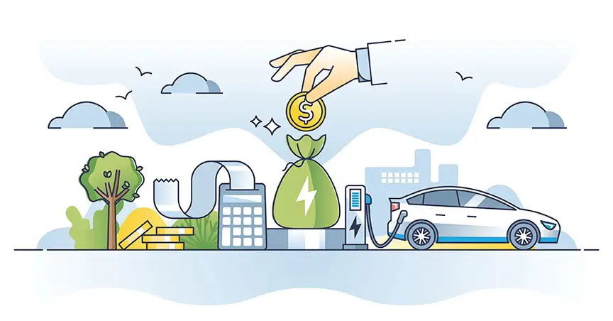 STREL Une voiture électrique en charge avec une main qui dépose une pièce d'or sur un sac d'argent symbolisant les économies ou les coûts liés à la mobilité durable.