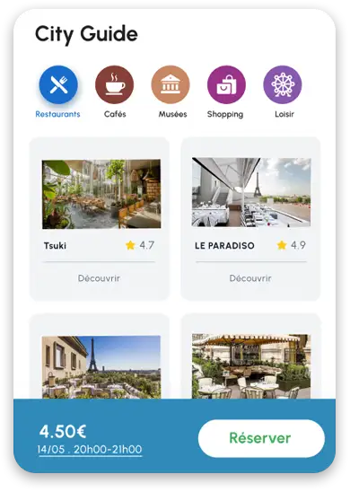 Interface de la fonctionnalité City Guide de Strel affichant des catégories comme restaurants, cafés, musées, shopping et loisirs,