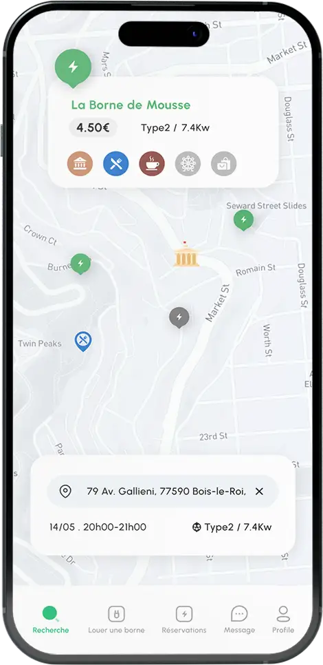 Interface mobile de Strel montrant une borne de recharge électrique "La Borne de Mousse" sur une carte, avec un tarif de 4,50 €, type Type2 / 7.4kW, située à 79 Av. Gallieni, 77590 Bois-le-Roi, avec options de réservation pour le 14 mai de 20h à 21h.
