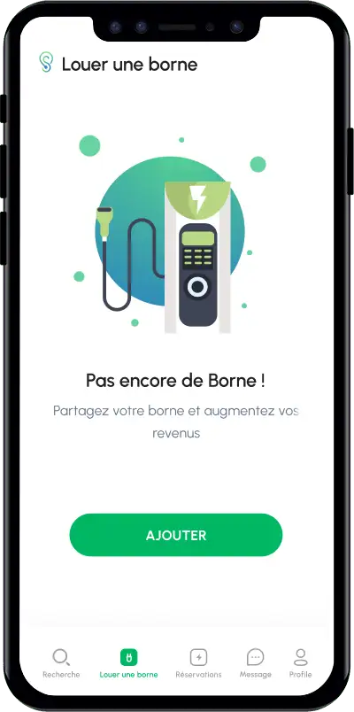 Interface mobile de Strel affichant une invitation à louer sa borne de recharge électrique : illustration d’une borne avec câble, texte « Pas encore de Borne ! Partagez votre borne et augmentez vos revenus », et bouton « AJOUTER ».
