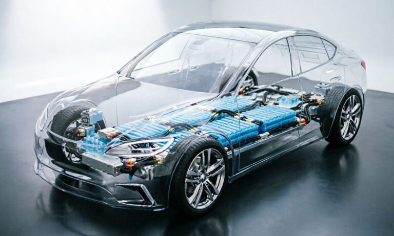 Texte alternatif : Batterie d’une voiture électrique en gros plan, avec cellules et câbles visibles, illustrant le coût et la durée de vie d’une batterie de voiture électrique en 2026.