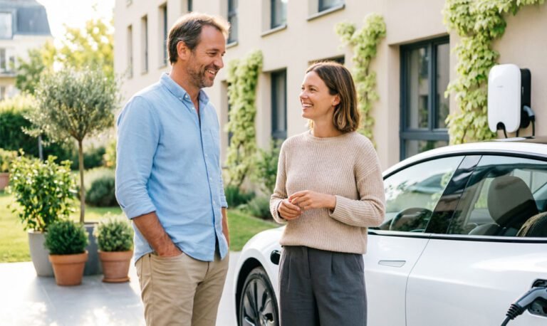 louer sa borne de recharge entre particuliers – voisins qui discutent en résidence avec voiture électrique en charge